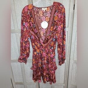 NWT Umgee Womens Floral Layered Long Sleeve Dress Size S Maroon Floral Peasant